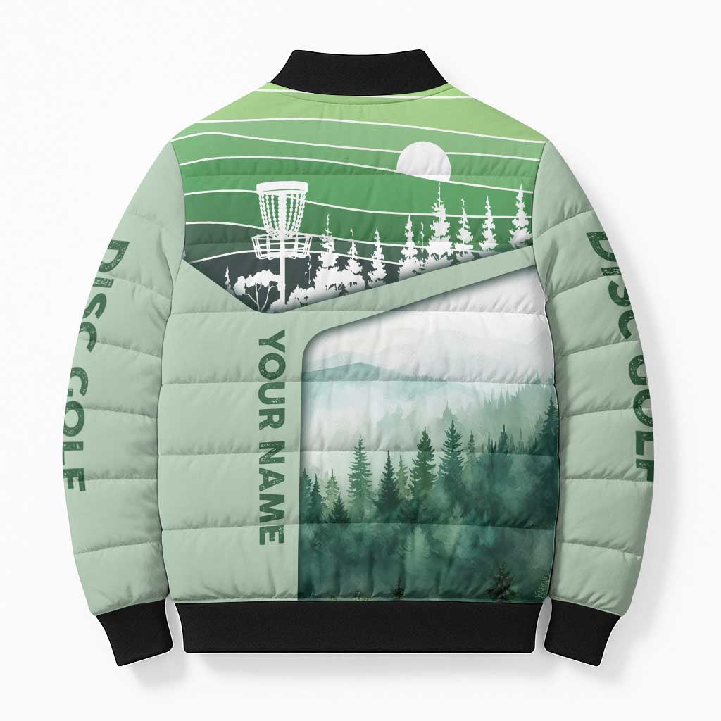 Custom Disc Golf Bomber Puffer Jacket with Forest Landscape Basket Silhouette - Wonder Print Shop