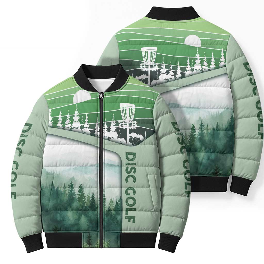 Custom Disc Golf Bomber Puffer Jacket with Forest Landscape Basket Silhouette - Wonder Print Shop