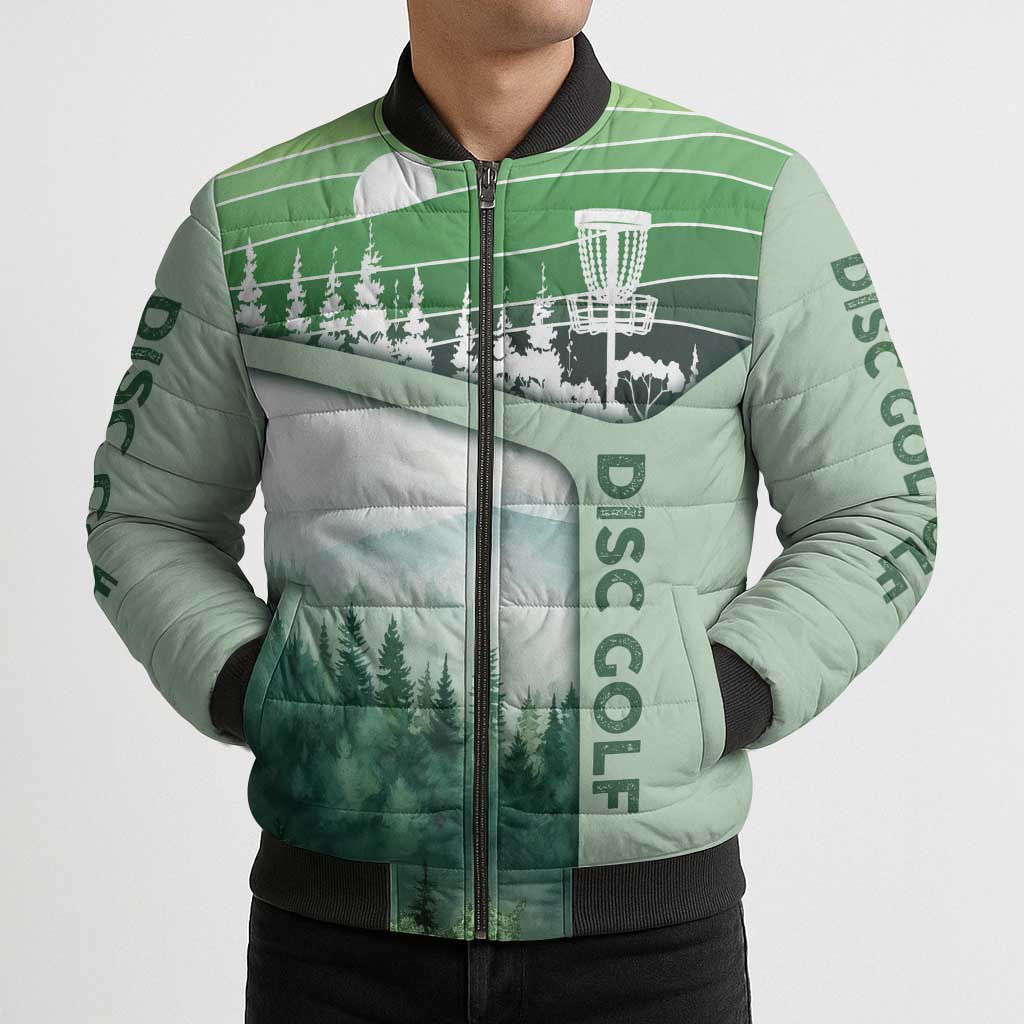 Custom Disc Golf Bomber Puffer Jacket with Forest Landscape Basket Silhouette - Wonder Print Shop