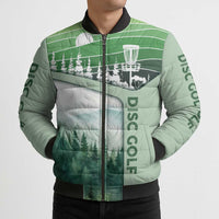 Custom Disc Golf Bomber Puffer Jacket with Forest Landscape Basket Silhouette - Wonder Print Shop
