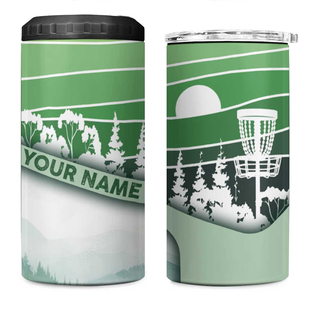 Custom Disc Golf 4 in 1 Can Cooler Tumbler with Forest Landscape Basket Silhouette - Wonder Print Shop