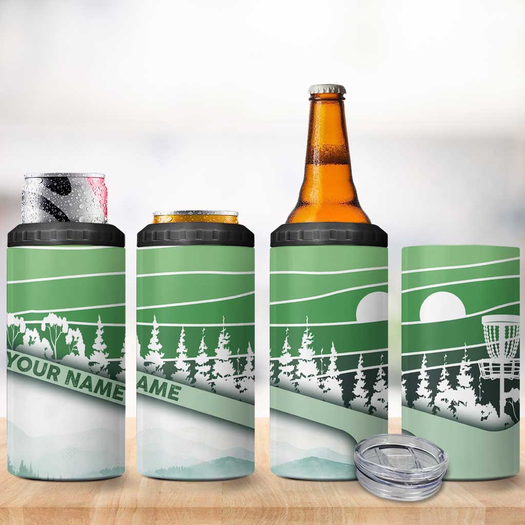 Custom Disc Golf 4 in 1 Can Cooler Tumbler with Forest Landscape Basket Silhouette - Wonder Print Shop