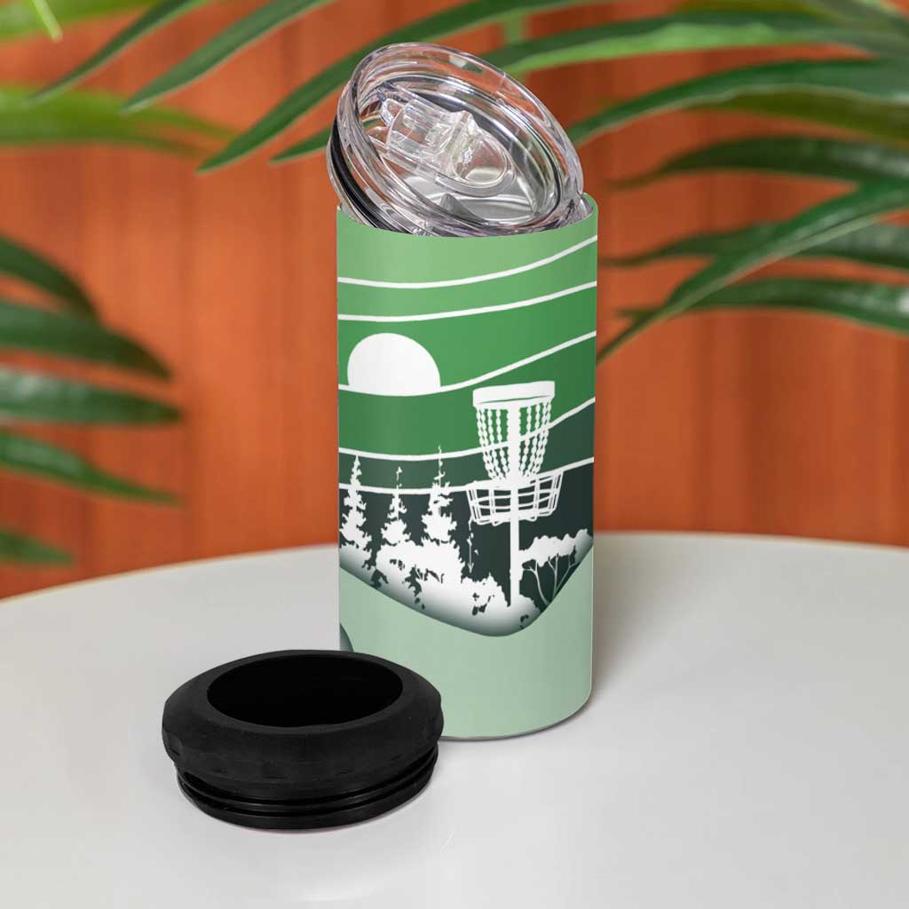Custom Disc Golf 4 in 1 Can Cooler Tumbler with Forest Landscape Basket Silhouette - Wonder Print Shop
