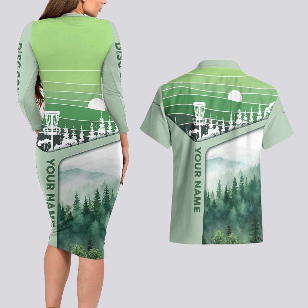 Custom Disc Golf Couples Matching Long Sleeve Bodycon Dress and Hawaiian Shirt with Forest Landscape Basket Silhouette - Wonder Print Shop