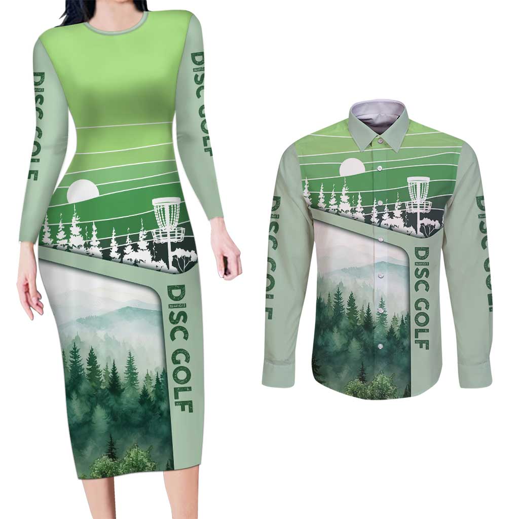 Custom Disc Golf Couples Matching Long Sleeve Bodycon Dress and Long Sleeve Button Shirt with Forest Landscape Basket Silhouette - Wonder Print Shop