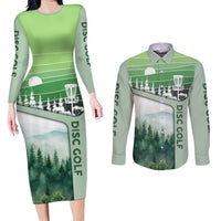 Custom Disc Golf Couples Matching Long Sleeve Bodycon Dress and Long Sleeve Button Shirt with Forest Landscape Basket Silhouette - Wonder Print Shop