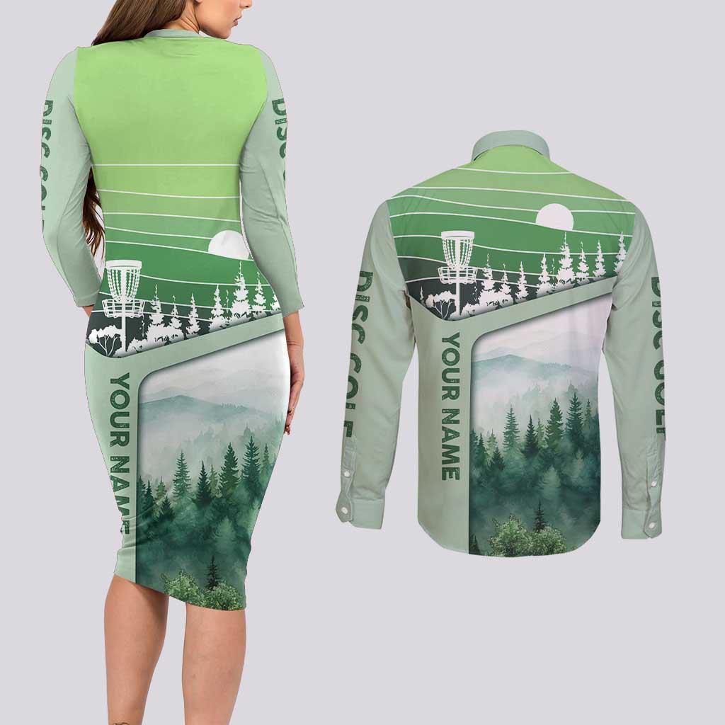 Custom Disc Golf Couples Matching Long Sleeve Bodycon Dress and Long Sleeve Button Shirt with Forest Landscape Basket Silhouette - Wonder Print Shop