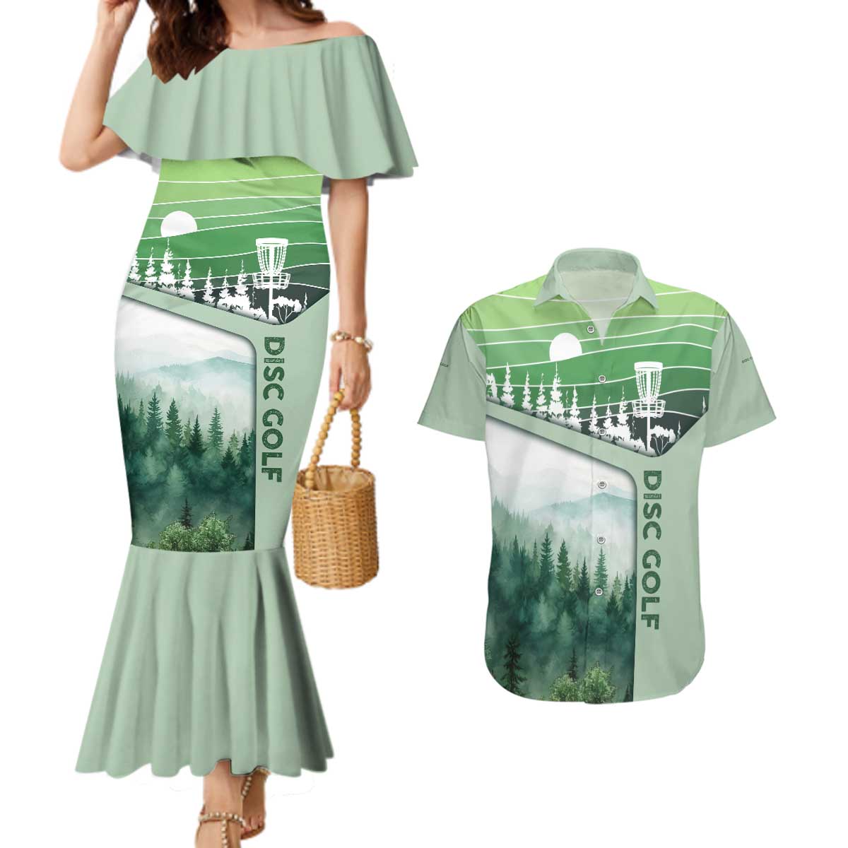 Custom Disc Golf Couples Matching Mermaid Dress and Hawaiian Shirt with Forest Landscape Basket Silhouette - Wonder Print Shop