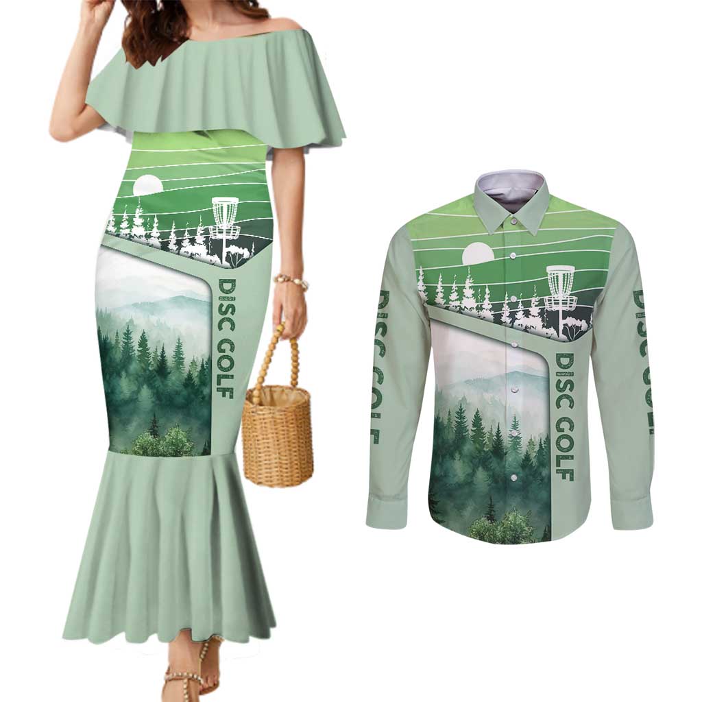Custom Disc Golf Couples Matching Mermaid Dress and Long Sleeve Button Shirt with Forest Landscape Basket Silhouette - Wonder Print Shop