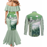 Custom Disc Golf Couples Matching Mermaid Dress and Long Sleeve Button Shirt with Forest Landscape Basket Silhouette - Wonder Print Shop