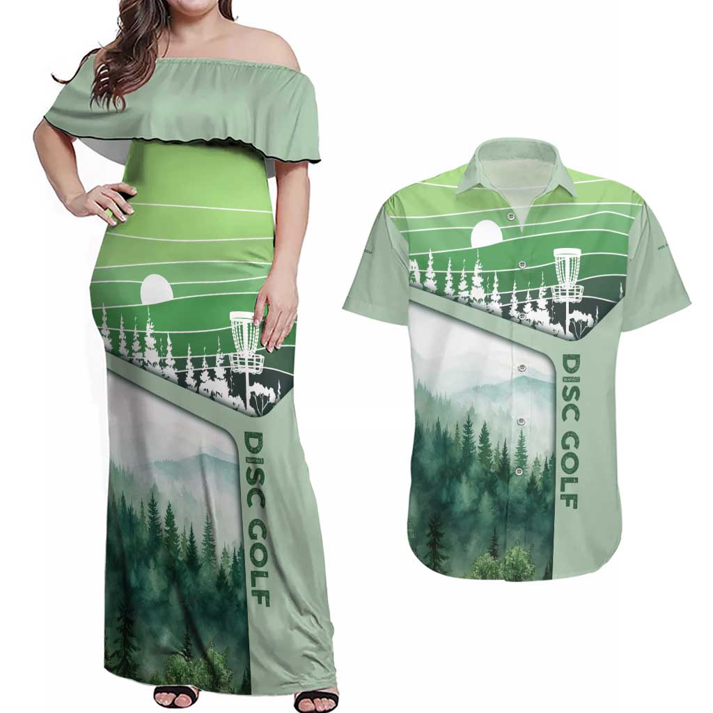 Custom Disc Golf Couples Matching Off Shoulder Maxi Dress and Hawaiian Shirt with Forest Landscape Basket Silhouette - Wonder Print Shop