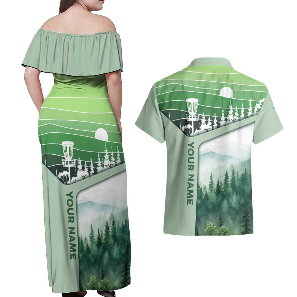 Custom Disc Golf Couples Matching Off Shoulder Maxi Dress and Hawaiian Shirt with Forest Landscape Basket Silhouette - Wonder Print Shop