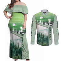 Custom Disc Golf Couples Matching Off Shoulder Maxi Dress and Long Sleeve Button Shirt with Forest Landscape Basket Silhouette - Wonder Print Shop