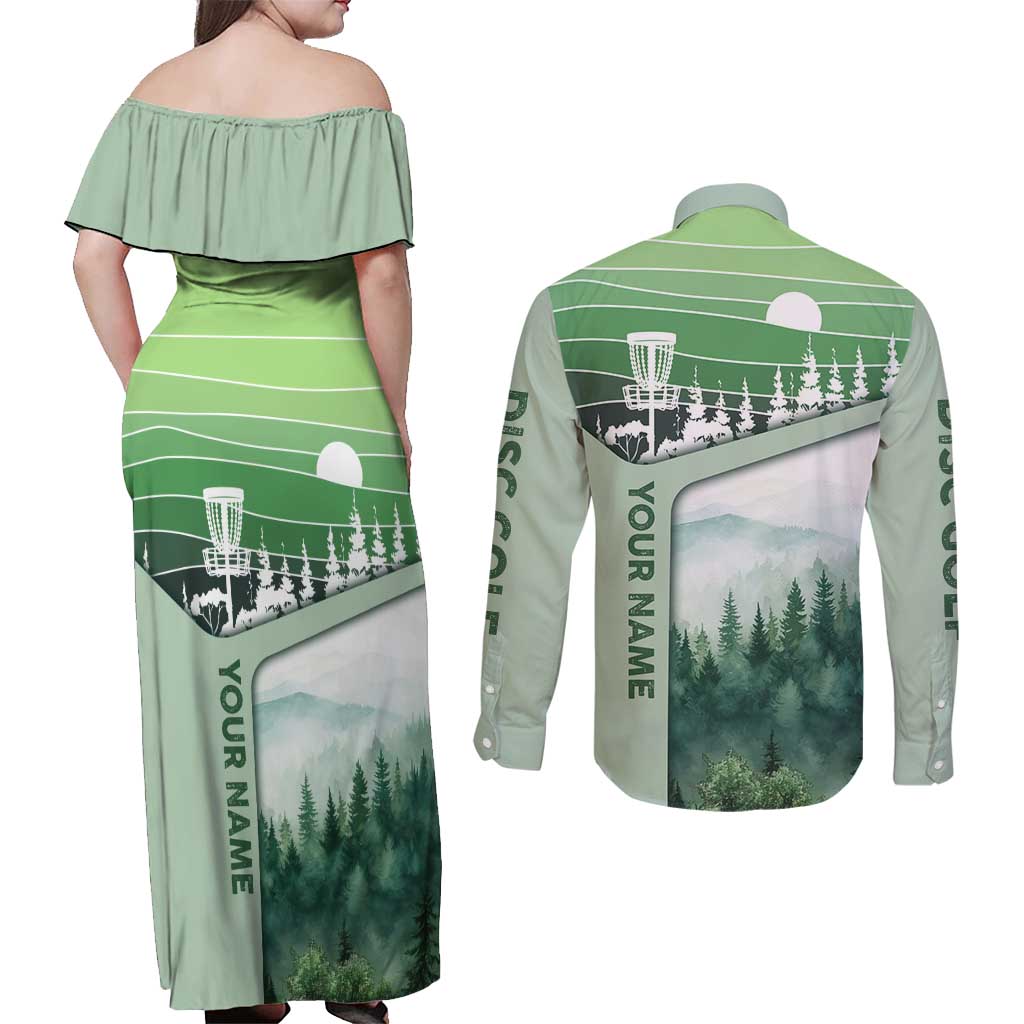Custom Disc Golf Couples Matching Off Shoulder Maxi Dress and Long Sleeve Button Shirt with Forest Landscape Basket Silhouette - Wonder Print Shop