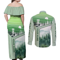 Custom Disc Golf Couples Matching Off Shoulder Maxi Dress and Long Sleeve Button Shirt with Forest Landscape Basket Silhouette - Wonder Print Shop