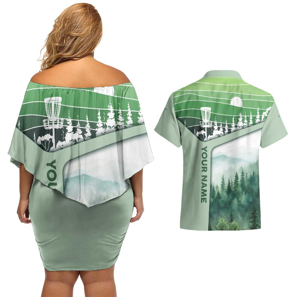 Custom Disc Golf Couples Matching Off Shoulder Short Dress and Hawaiian Shirt with Forest Landscape Basket Silhouette - Wonder Print Shop