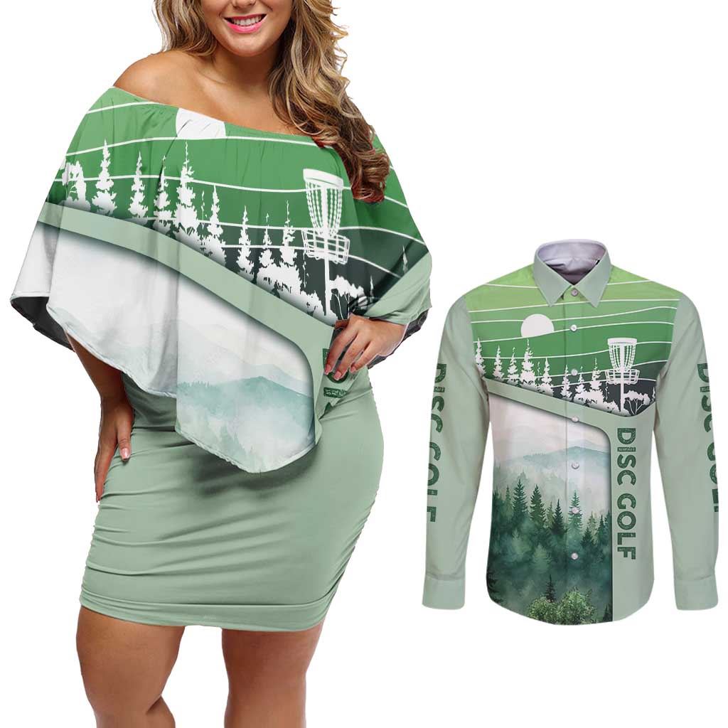 Custom Disc Golf Couples Matching Off Shoulder Short Dress and Long Sleeve Button Shirt with Forest Landscape Basket Silhouette - Wonder Print Shop