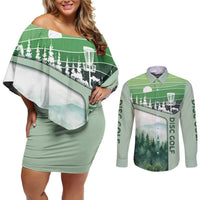 Custom Disc Golf Couples Matching Off Shoulder Short Dress and Long Sleeve Button Shirt with Forest Landscape Basket Silhouette - Wonder Print Shop