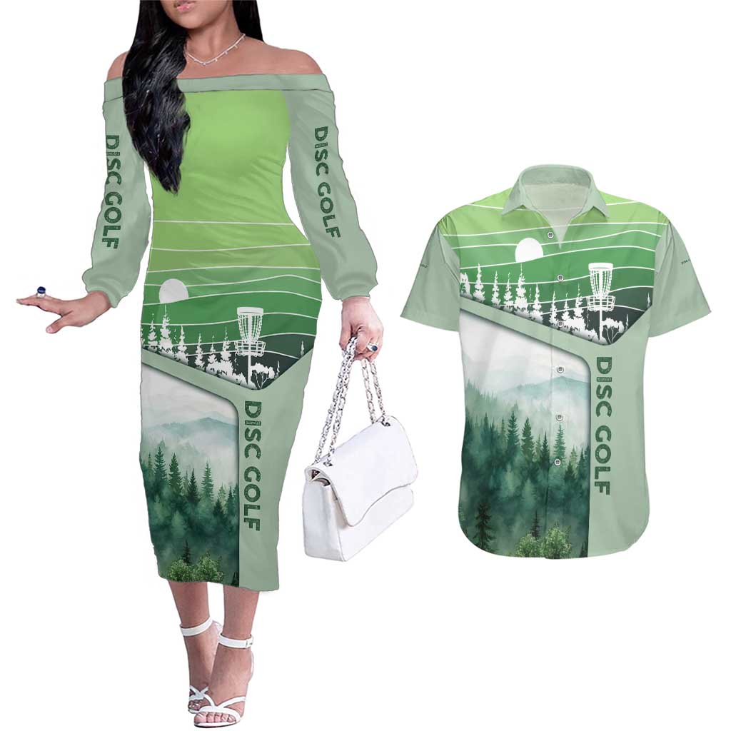 Custom Disc Golf Couples Matching Off The Shoulder Long Sleeve Dress and Hawaiian Shirt with Forest Landscape Basket Silhouette - Wonder Print Shop