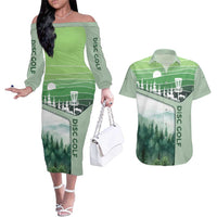 Custom Disc Golf Couples Matching Off The Shoulder Long Sleeve Dress and Hawaiian Shirt with Forest Landscape Basket Silhouette - Wonder Print Shop