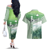 Custom Disc Golf Couples Matching Off The Shoulder Long Sleeve Dress and Hawaiian Shirt with Forest Landscape Basket Silhouette - Wonder Print Shop