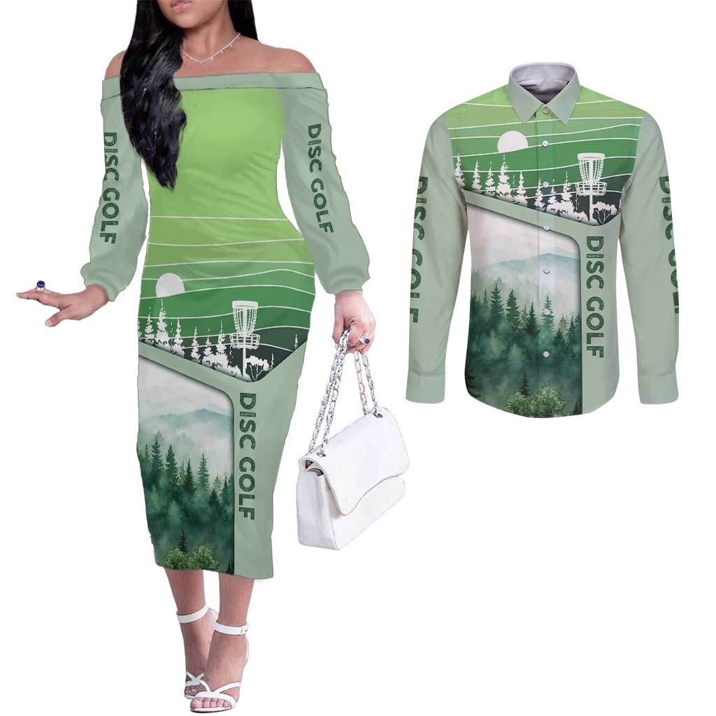 Custom Disc Golf Couples Matching Off The Shoulder Long Sleeve Dress and Long Sleeve Button Shirt with Forest Landscape Basket Silhouette - Wonder Print Shop