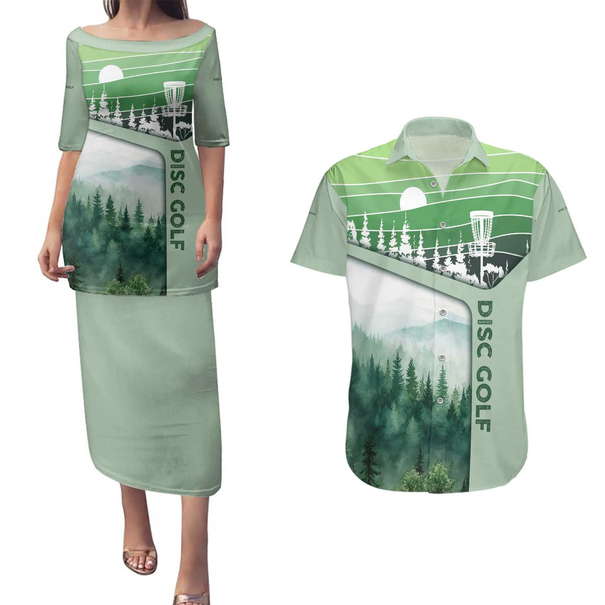 Custom Disc Golf Couples Matching Puletasi and Hawaiian Shirt with Forest Landscape Basket Silhouette - Wonder Print Shop