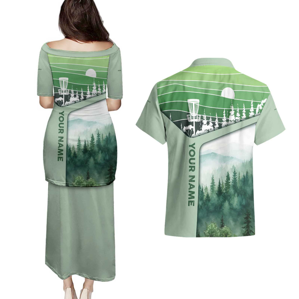 Custom Disc Golf Couples Matching Puletasi and Hawaiian Shirt with Forest Landscape Basket Silhouette - Wonder Print Shop