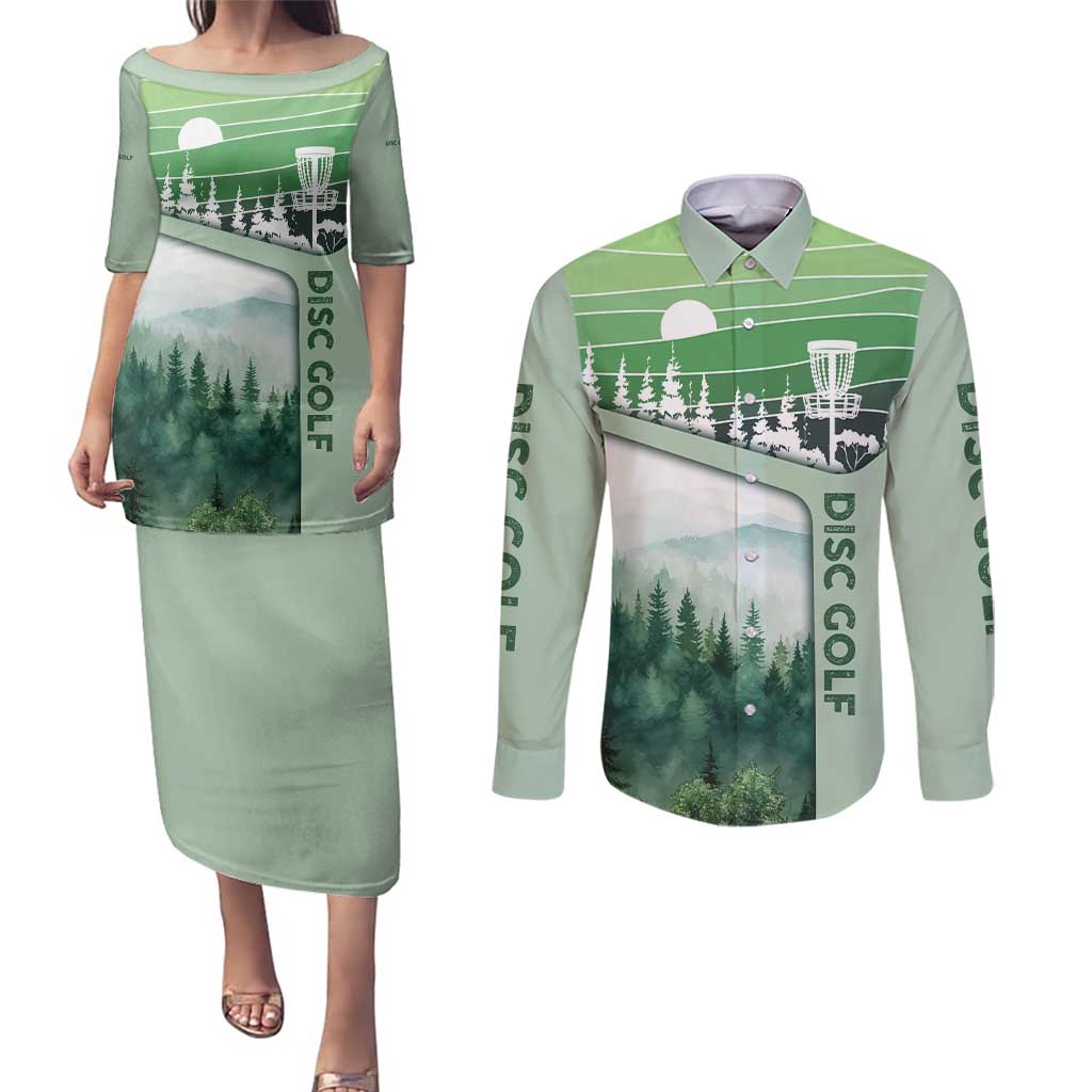 Custom Disc Golf Couples Matching Puletasi and Long Sleeve Button Shirt with Forest Landscape Basket Silhouette - Wonder Print Shop
