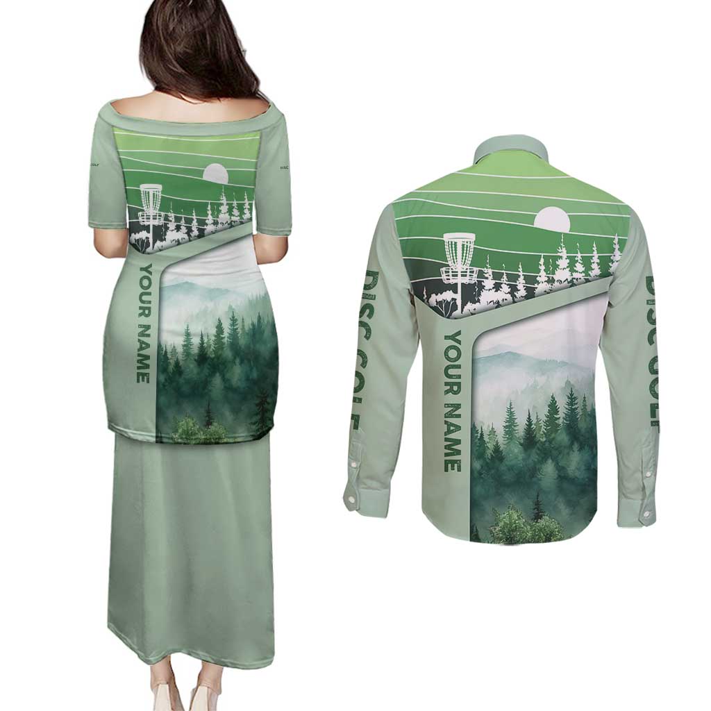 Custom Disc Golf Couples Matching Puletasi and Long Sleeve Button Shirt with Forest Landscape Basket Silhouette - Wonder Print Shop