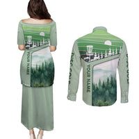 Custom Disc Golf Couples Matching Puletasi and Long Sleeve Button Shirt with Forest Landscape Basket Silhouette - Wonder Print Shop