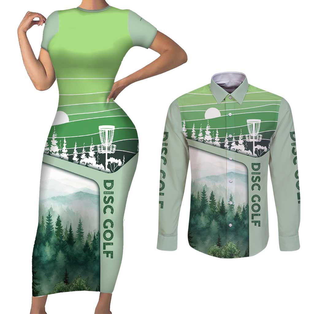 Custom Disc Golf Couples Matching Short Sleeve Bodycon Dress and Long Sleeve Button Shirt with Forest Landscape Basket Silhouette - Wonder Print Shop