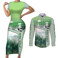 Custom Disc Golf Couples Matching Short Sleeve Bodycon Dress and Long Sleeve Button Shirt with Forest Landscape Basket Silhouette - Wonder Print Shop