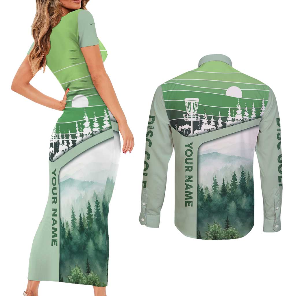 Custom Disc Golf Couples Matching Short Sleeve Bodycon Dress and Long Sleeve Button Shirt with Forest Landscape Basket Silhouette - Wonder Print Shop