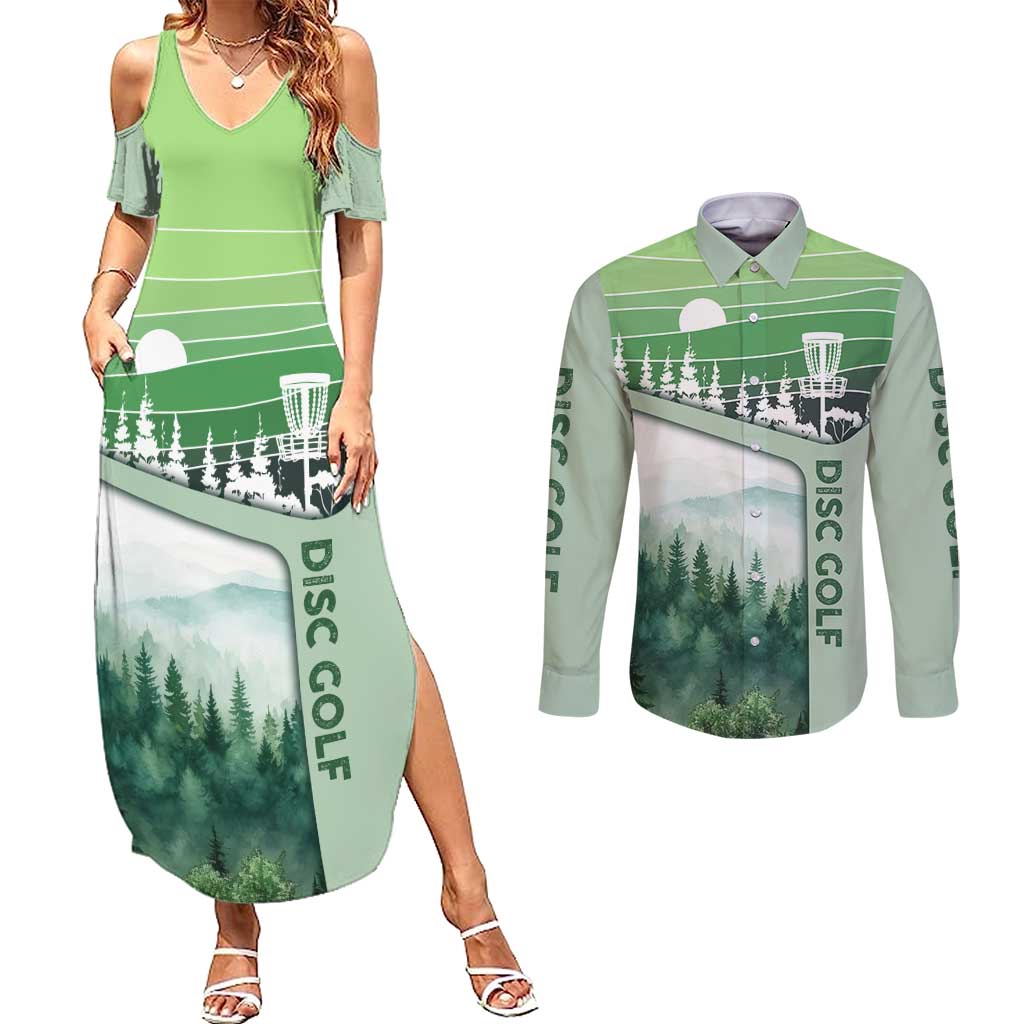 Custom Disc Golf Couples Matching Summer Maxi Dress and Long Sleeve Button Shirt with Forest Landscape Basket Silhouette - Wonder Print Shop