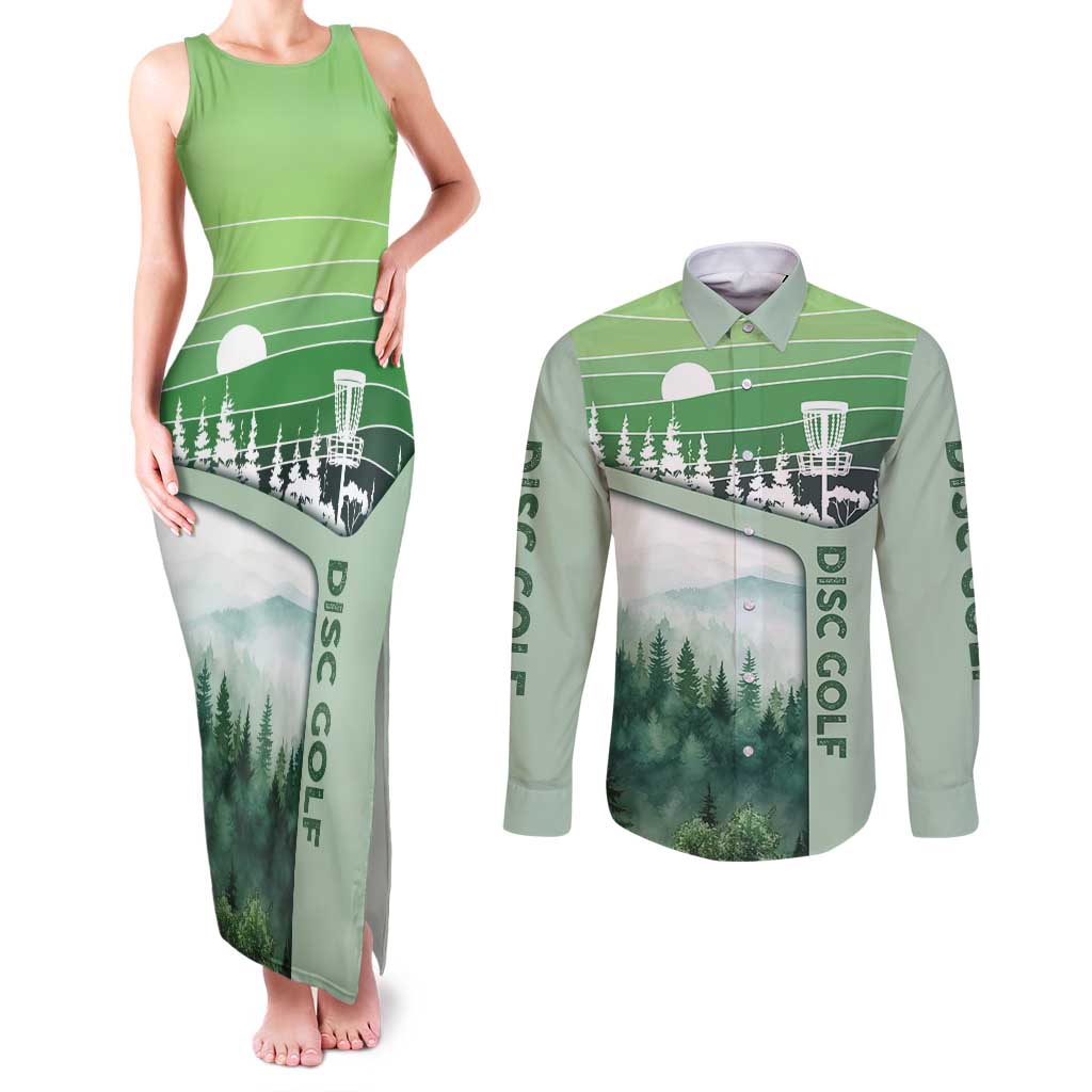 Custom Disc Golf Couples Matching Tank Maxi Dress and Long Sleeve Button Shirt with Forest Landscape Basket Silhouette - Wonder Print Shop