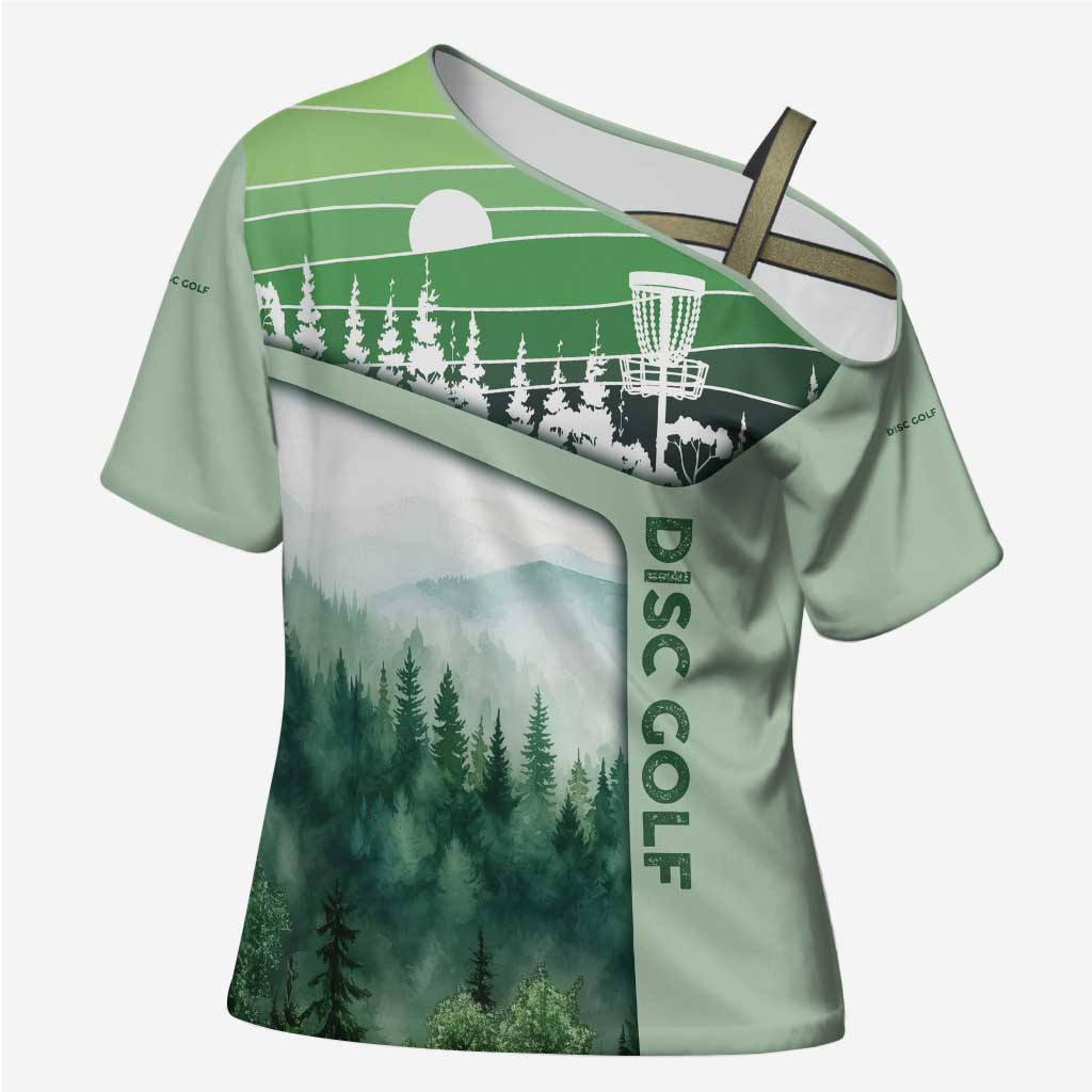 Custom Disc Golf Cross Shoulder Shirt with Forest Landscape Basket Silhouette - Wonder Print Shop