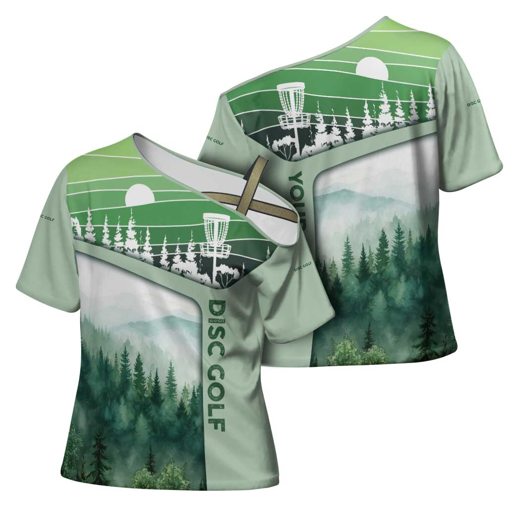 Custom Disc Golf Cross Shoulder Shirt with Forest Landscape Basket Silhouette - Wonder Print Shop