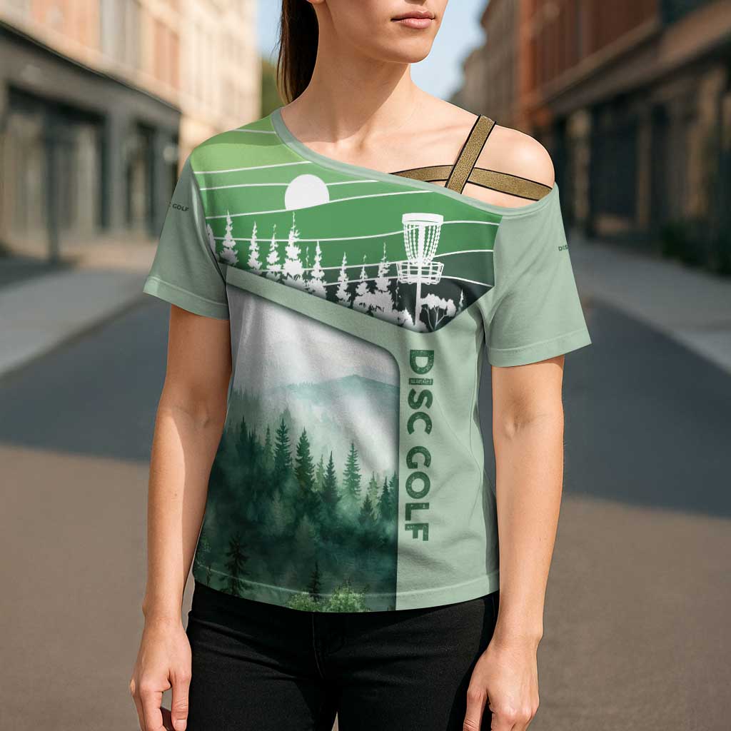 Custom Disc Golf Cross Shoulder Shirt with Forest Landscape Basket Silhouette - Wonder Print Shop