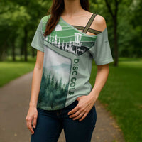 Custom Disc Golf Cross Shoulder Shirt with Forest Landscape Basket Silhouette - Wonder Print Shop
