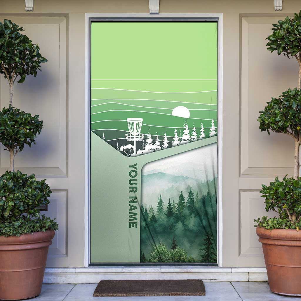 Custom Disc Golf Door Cover with Forest Landscape Basket Silhouette - Wonder Print Shop