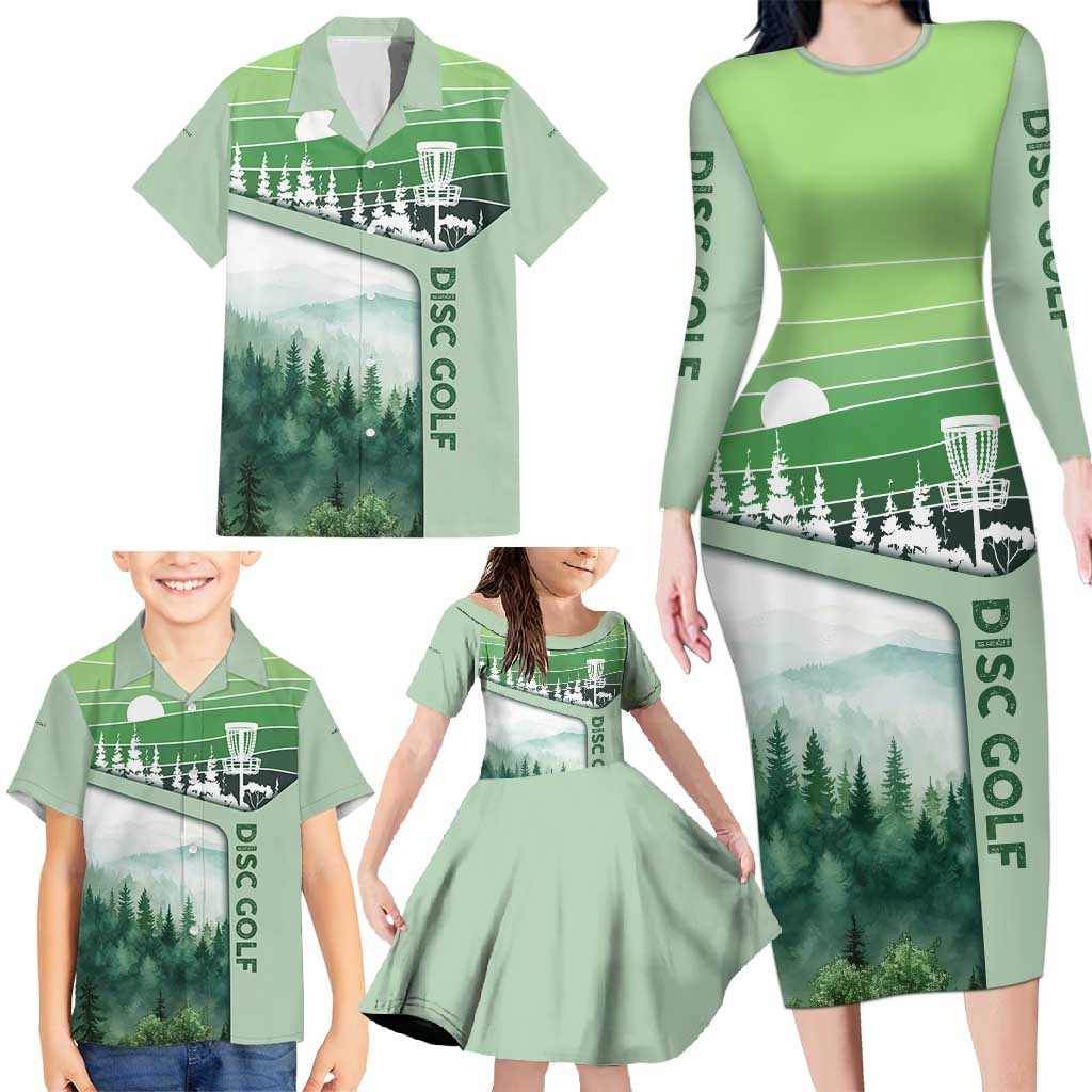 Custom Disc Golf Family Matching Long Sleeve Bodycon Dress and Hawaiian Shirt with Forest Landscape Basket Silhouette - Wonder Print Shop