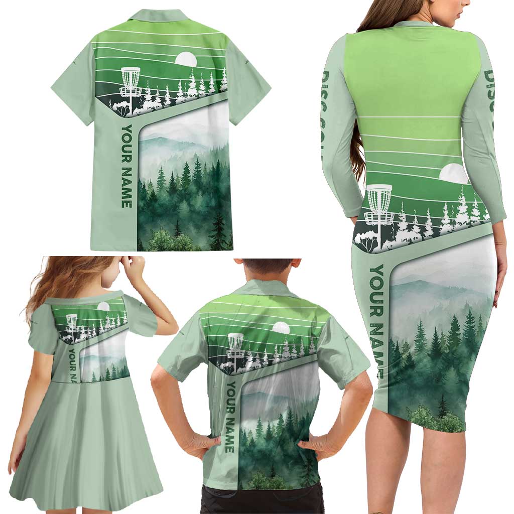 Custom Disc Golf Family Matching Long Sleeve Bodycon Dress and Hawaiian Shirt with Forest Landscape Basket Silhouette - Wonder Print Shop