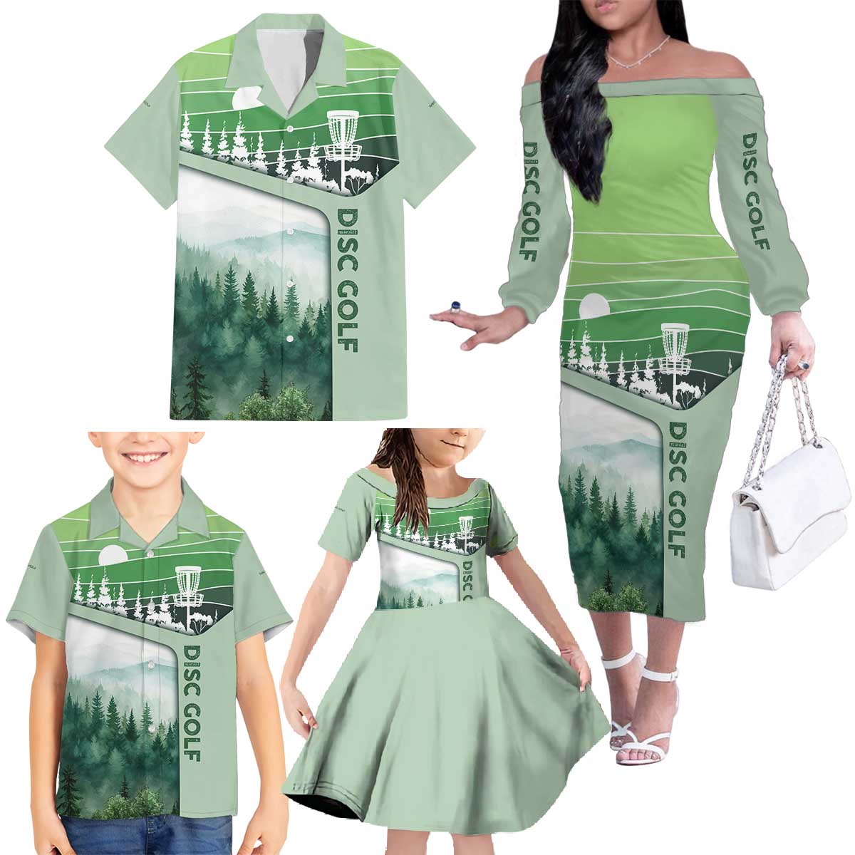 Custom Disc Golf Family Matching Off The Shoulder Long Sleeve Dress and Hawaiian Shirt with Forest Landscape Basket Silhouette - Wonder Print Shop
