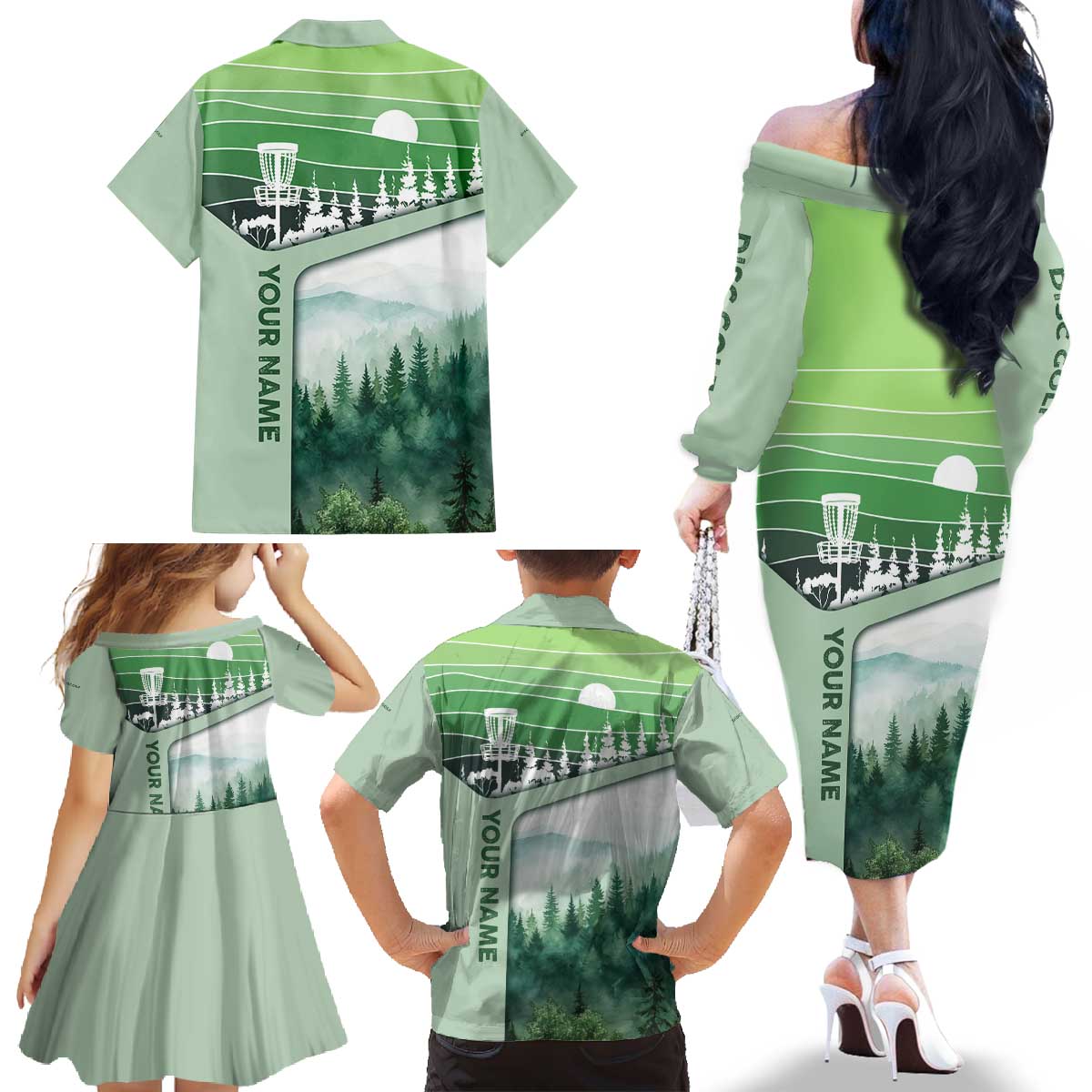 Custom Disc Golf Family Matching Off The Shoulder Long Sleeve Dress and Hawaiian Shirt with Forest Landscape Basket Silhouette - Wonder Print Shop