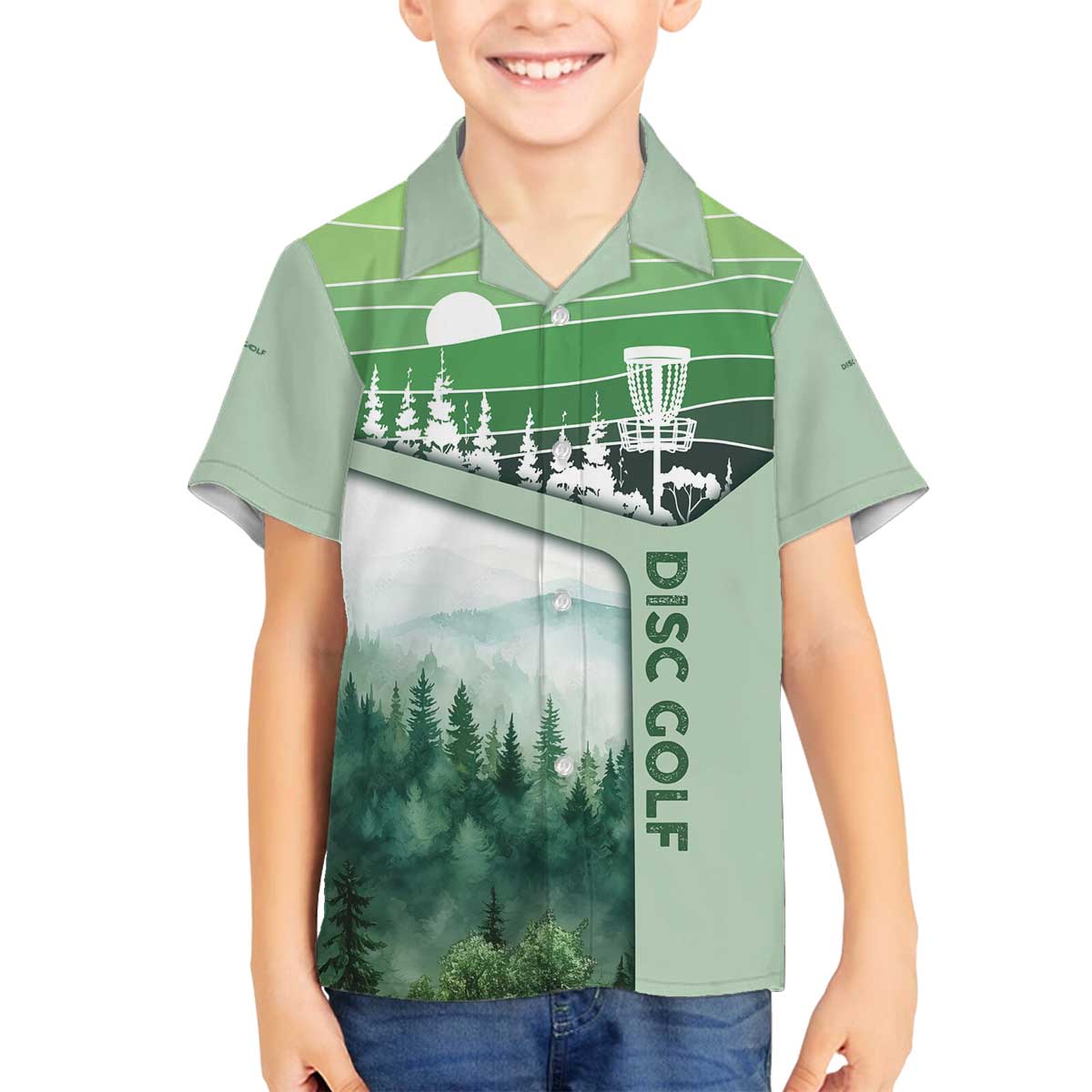 Custom Disc Golf Family Matching Off The Shoulder Long Sleeve Dress and Hawaiian Shirt with Forest Landscape Basket Silhouette - Wonder Print Shop