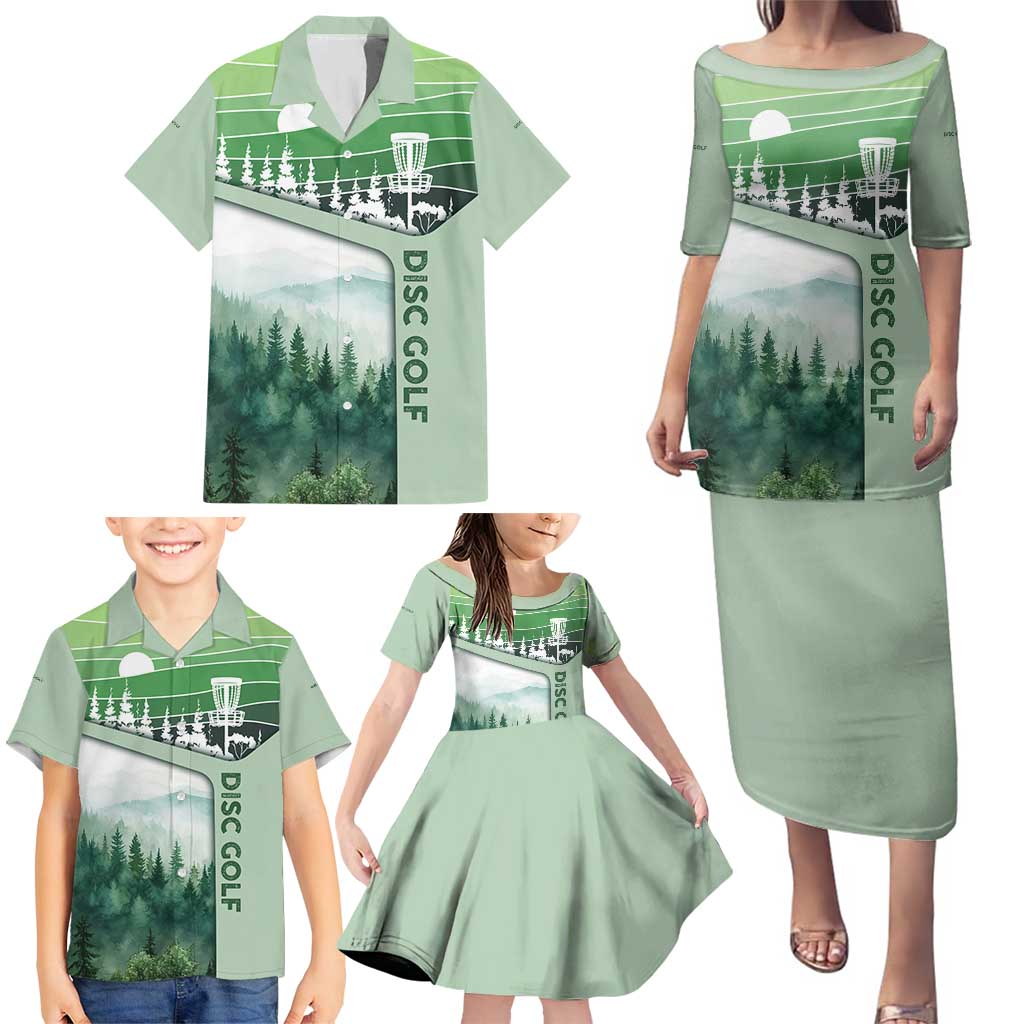Custom Disc Golf Family Matching Puletasi and Hawaiian Shirt with Forest Landscape Basket Silhouette - Wonder Print Shop