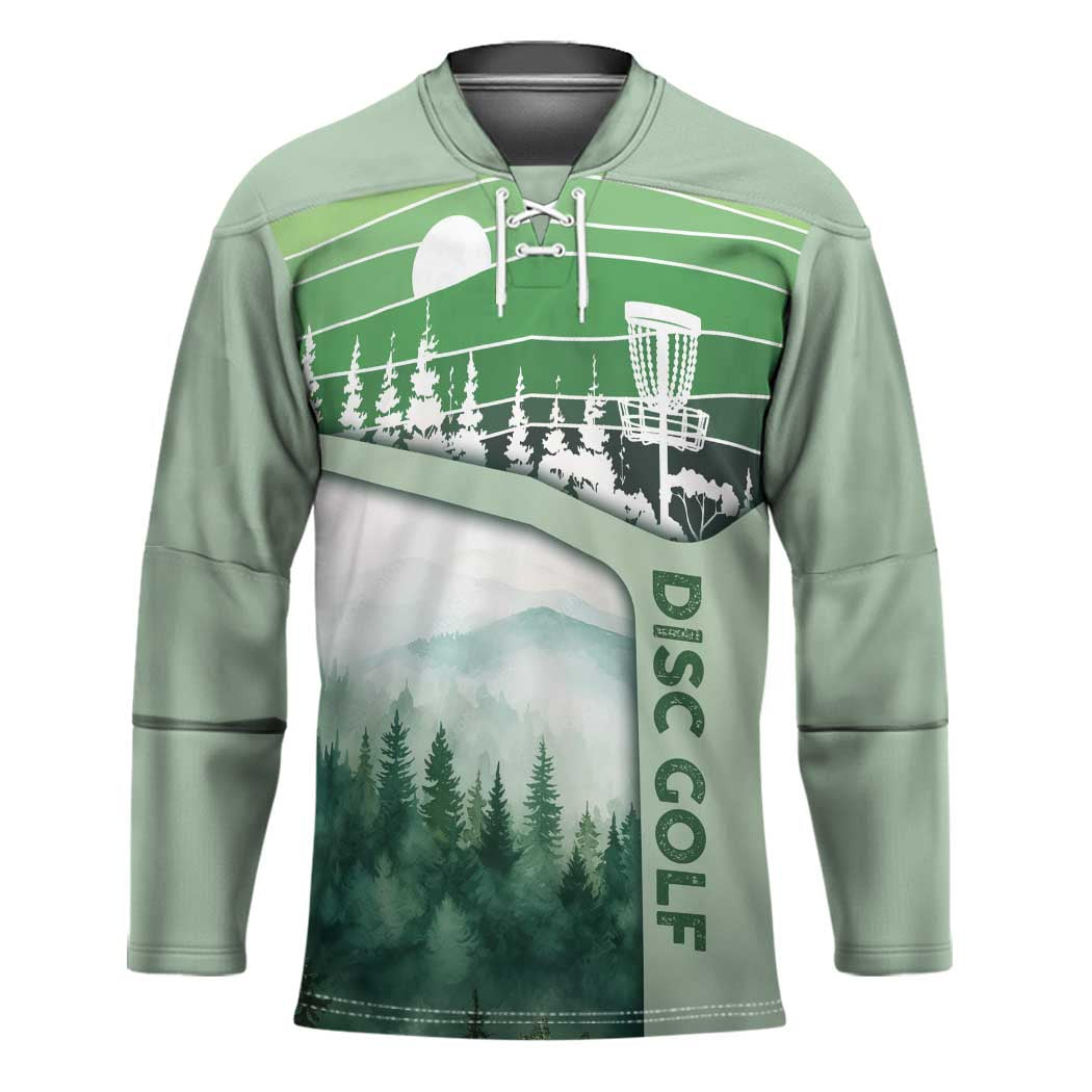 Custom Disc Golf Hockey Jersey with Forest Landscape Basket Silhouette - Wonder Print Shop