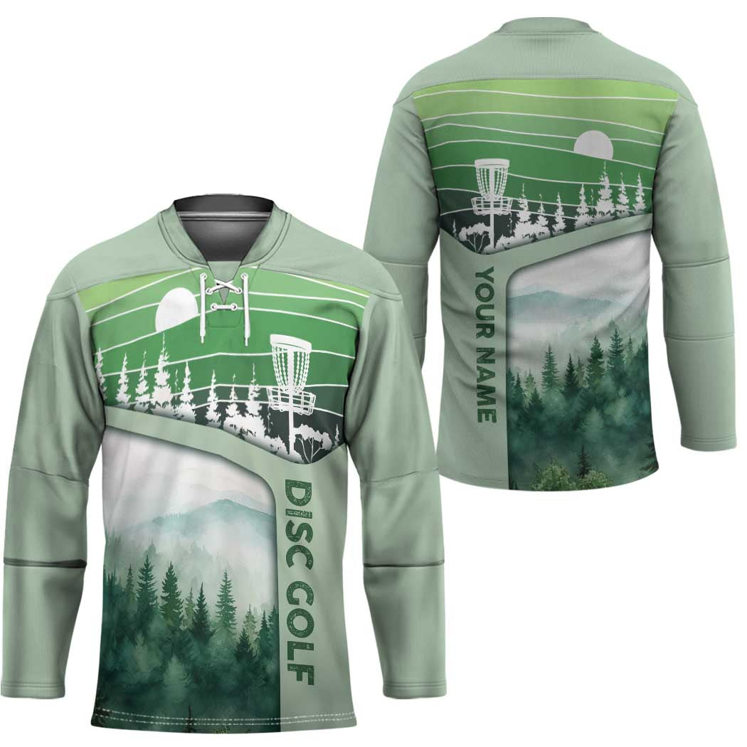 Custom Disc Golf Hockey Jersey with Forest Landscape Basket Silhouette - Wonder Print Shop