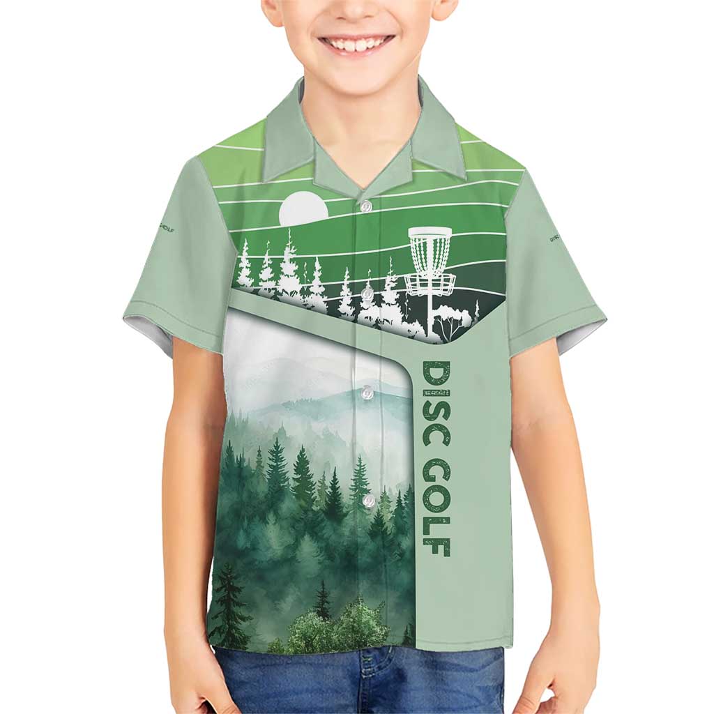Custom Disc Golf Kid Hawaiian Shirt with Forest Landscape Basket Silhouette - Wonder Print Shop